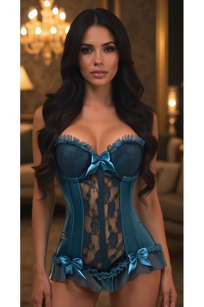 Lavish Dark Teal Lycra & Lace Hook & Eye Stretch Bustier Corset - Daisy Corsets