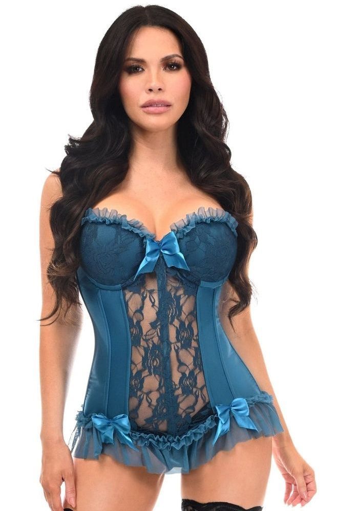 Lavish Dark Teal Lycra & Lace Hook & Eye Stretch Bustier Corset - Daisy Corsets