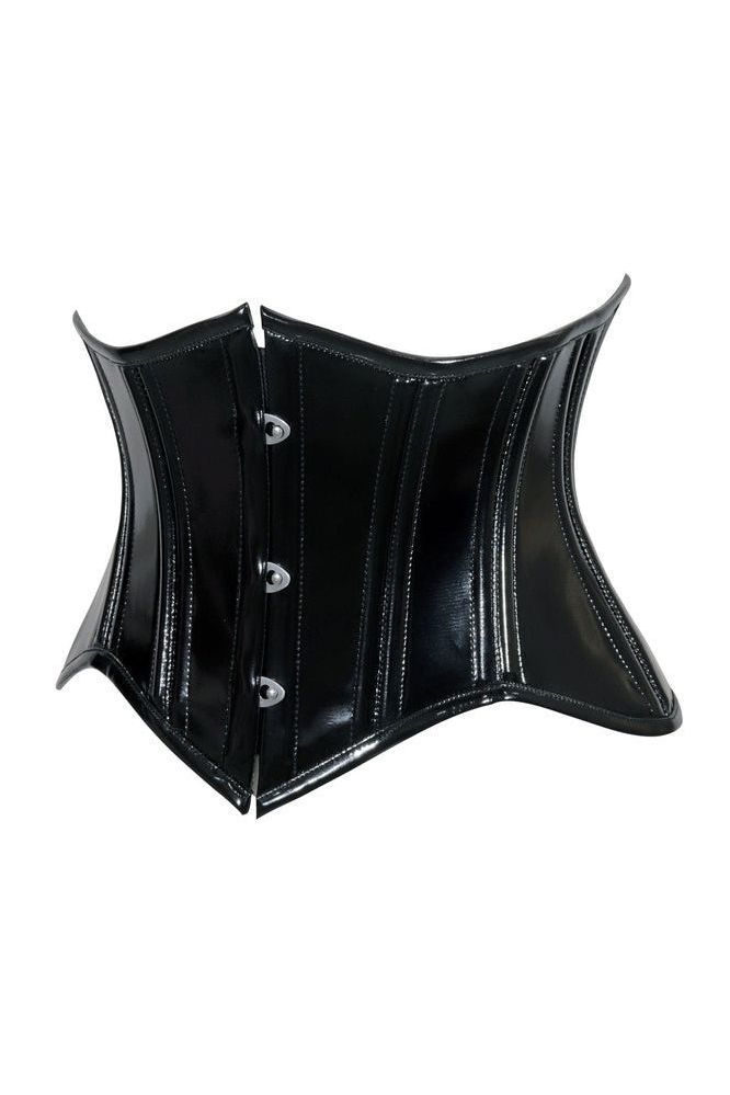 Lavish Double Boned Black Patent PVC Vinyl Curvy Cut Mini Cincher Underbust Corset - Daisy Corsets