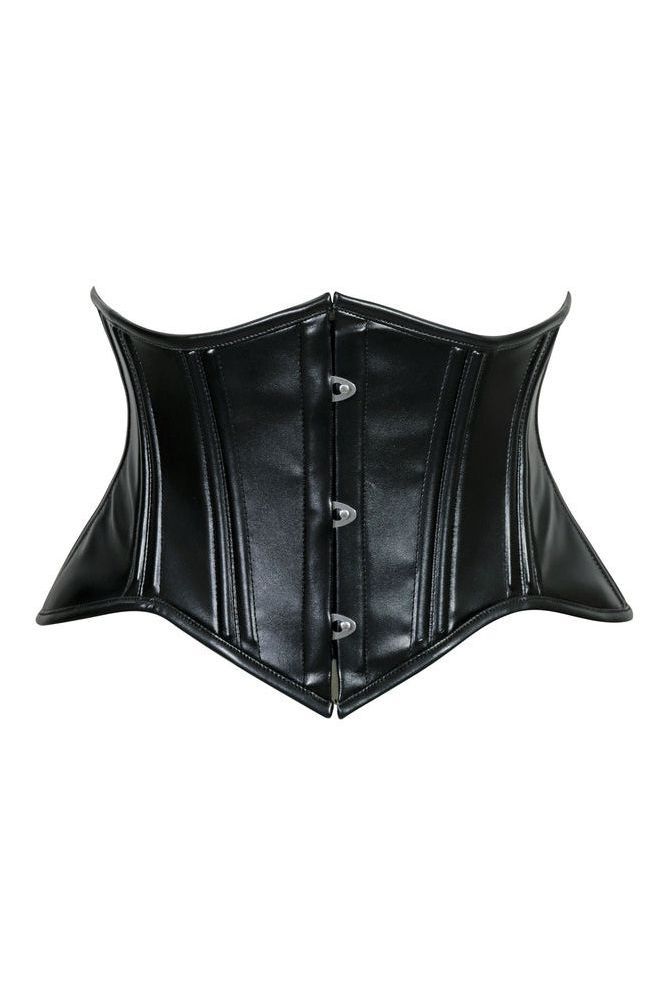 Lavish Double Boned Black Wet Look Faux Leather Curvy Cut Mini Cincher Underbust Corset - Daisy Corsets