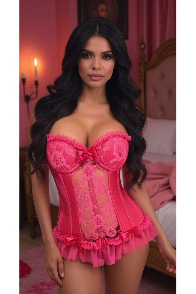 Lavish Fuchsia Lycra & Lace Hook & Eye Stretch Bustier Corset - Daisy Corsets