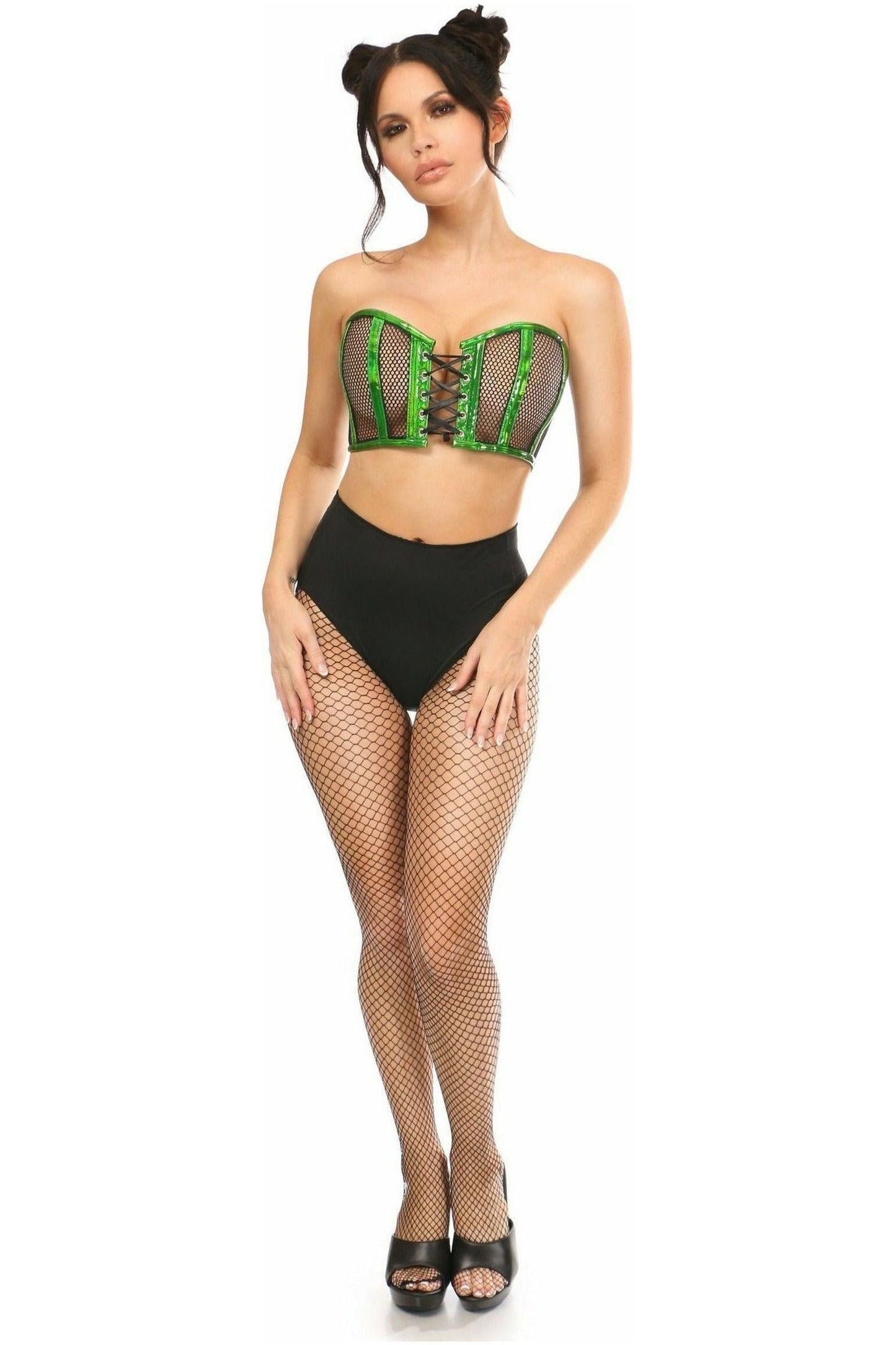 Lavish Green Holo & Fishnet Lace - Up Short Bustier Top - Daisy Corsets