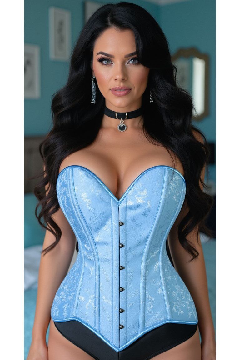 Lavish Lt Blue Brocade Overbust Corset W/Busk Closure - Daisy Corsets