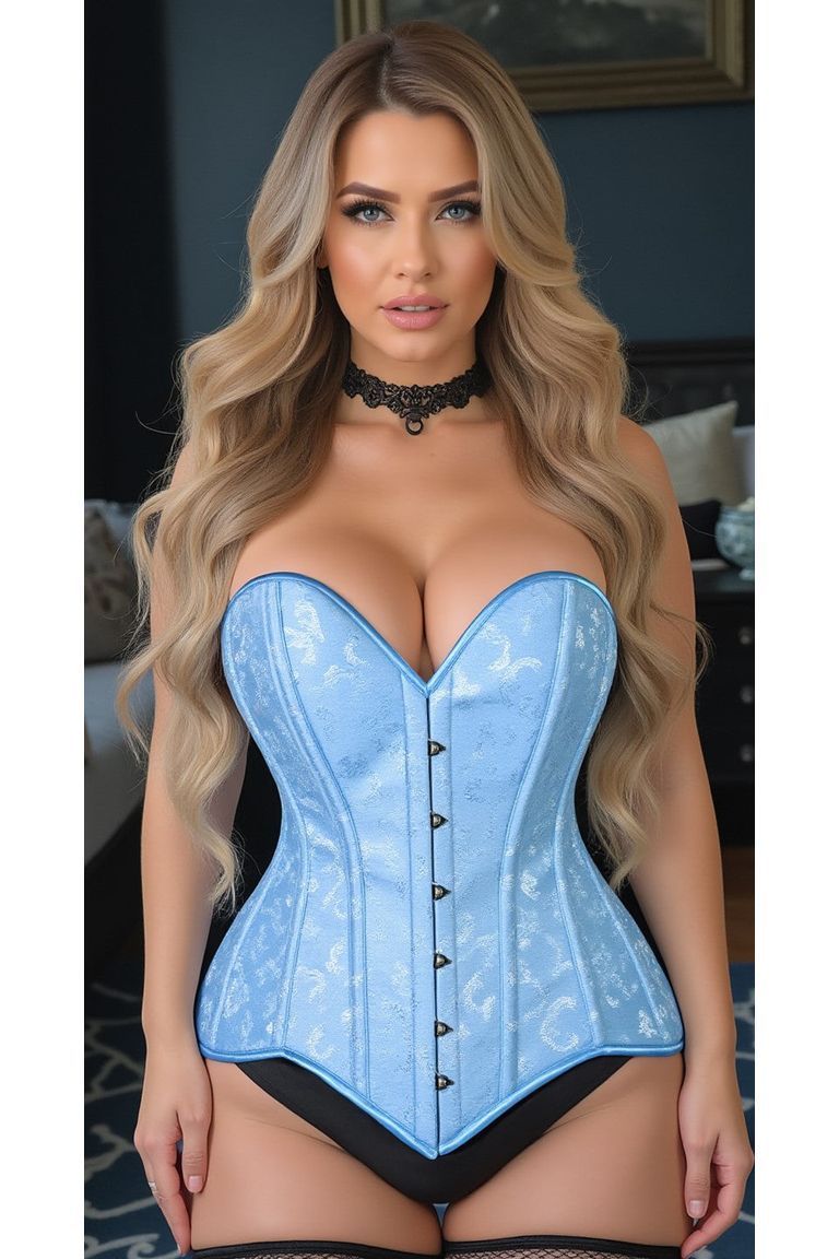 Lavish Lt Blue Brocade Overbust Corset W/Busk Closure - Daisy Corsets