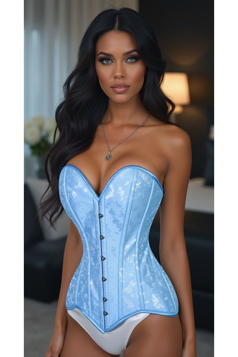 Lavish Lt Blue Brocade Overbust Corset W/Busk Closure - Daisy Corsets