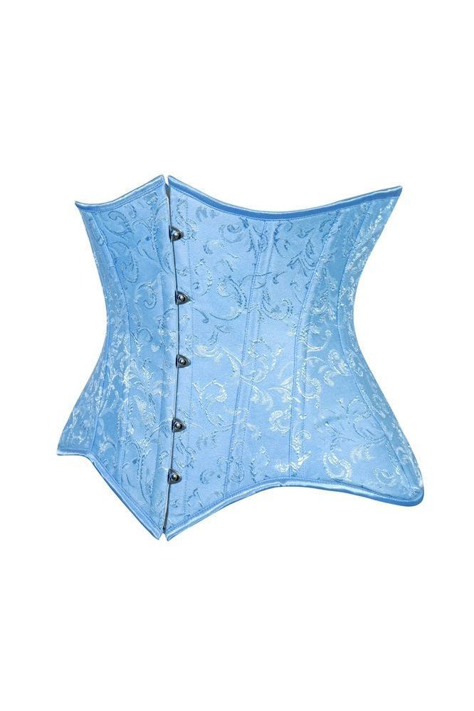 Lavish Lt Blue Brocade Waist Cincher Under Bust Corset w/Front Busk Closure - Daisy Corsets