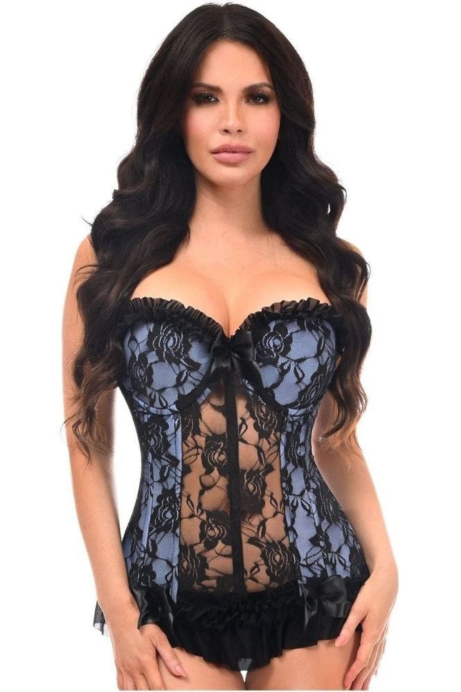 Lavish Lt Blue w/Black Lace & Lycra Hook & Eye Stretch Bustier Corset - Daisy Corsets