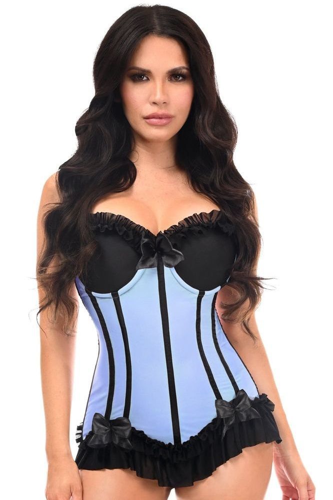 Lavish Lt Blue w/Black Lycra Hook & Eye Stretch Bustier Corset - Daisy Corsets