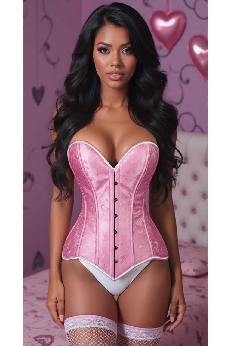 Lavish Lt Pink Brocade Overbust Corset W/Busk Closure - Daisy Corsets