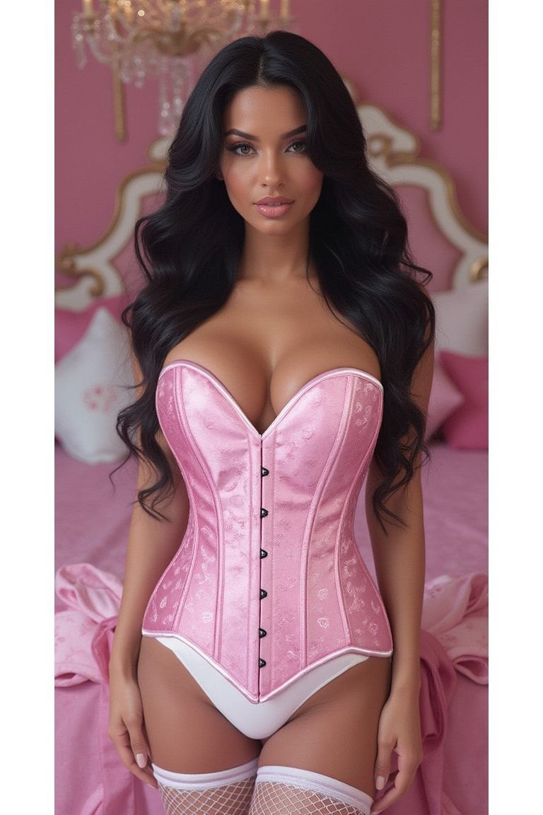 Lavish Lt Pink Brocade Overbust Corset W/Busk Closure - Daisy Corsets