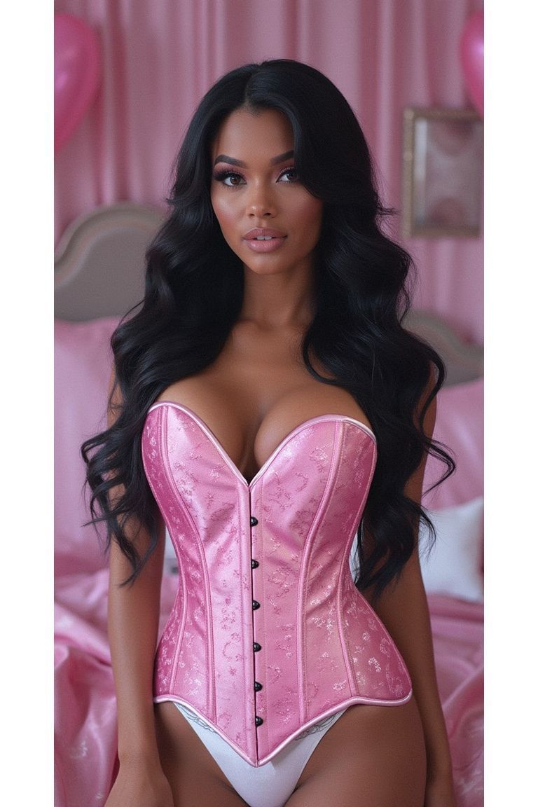 Lavish Lt Pink Brocade Overbust Corset W/Busk Closure - Daisy Corsets