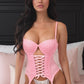 Lavish Lt Pink Lycra & Lace Hook & Eye Lace - Up Bustier Corset w/Garters - Daisy Corsets