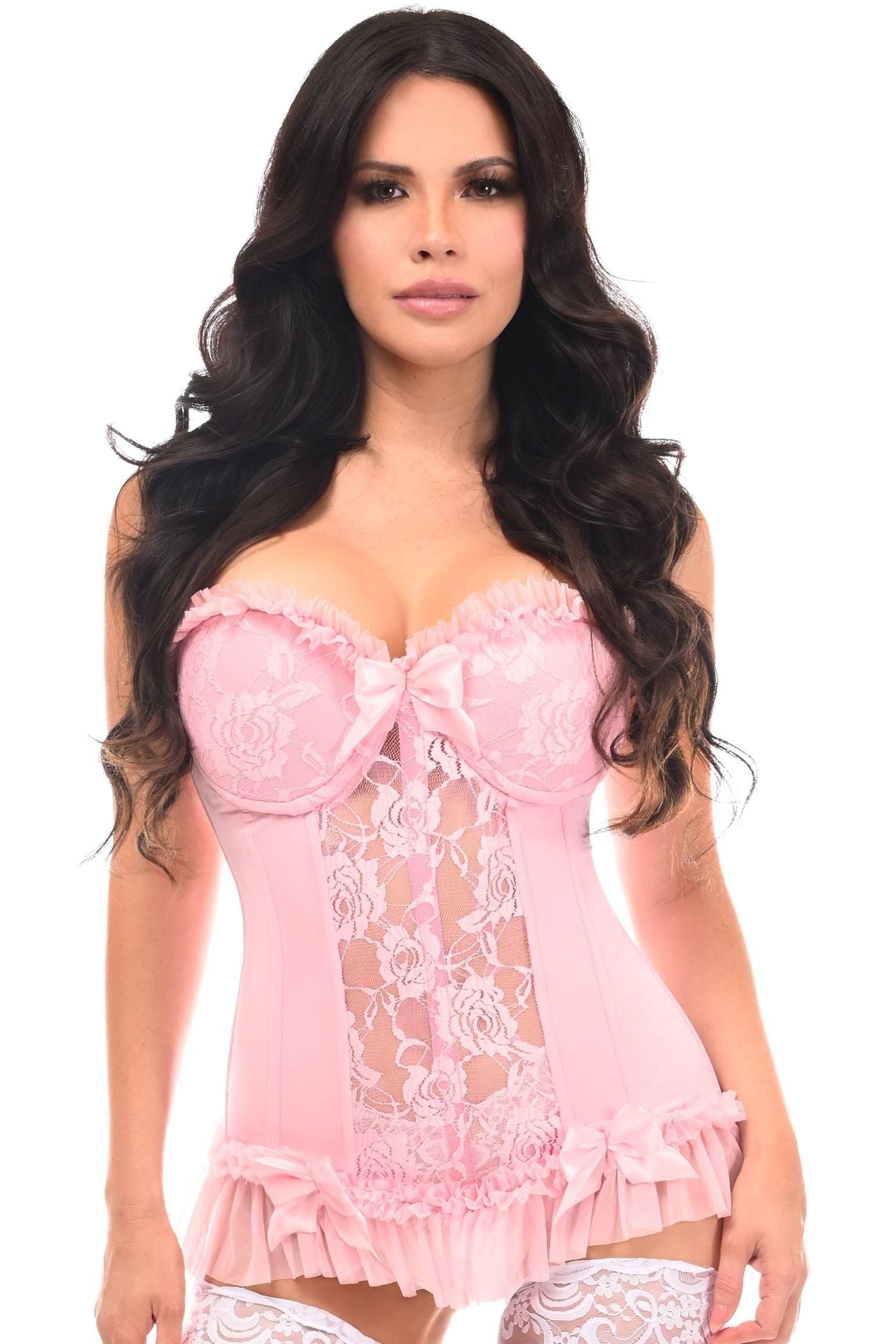 Lavish Lt Pink Lycra & Lace Hook & Eye Stretch Bustier Corset - Daisy Corsets