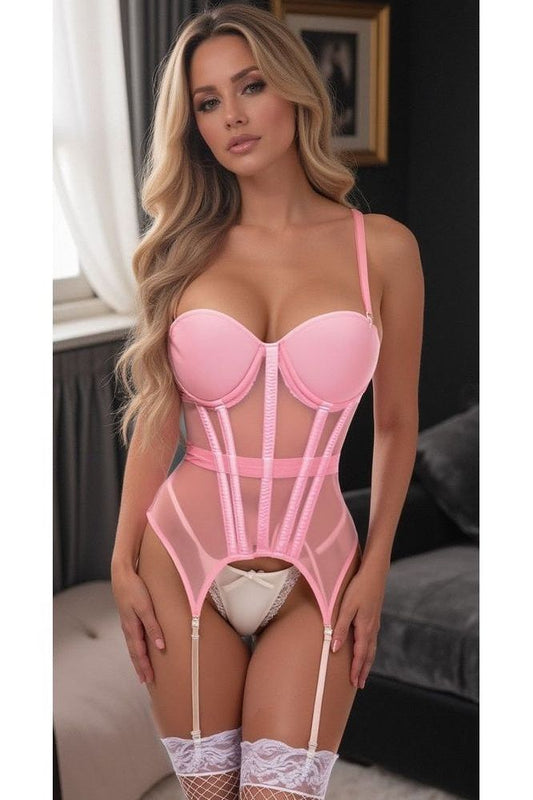 Lavish Lt Pink Mesh Underwire Bustier Corset w/Garters - Daisy Corsets