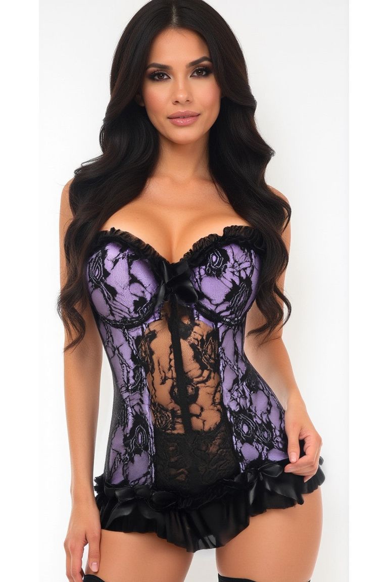 Lavish Lt Purple w/Black Lace & Lycra Hook & Eye Stretch Bustier Corset - Daisy Corsets