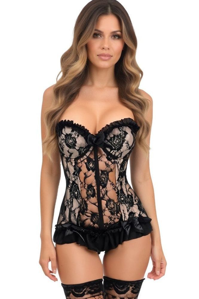 Lavish Nude w/Black Lace & Lycra Hook & Eye Stretch Bustier Corset - Daisy Corsets
