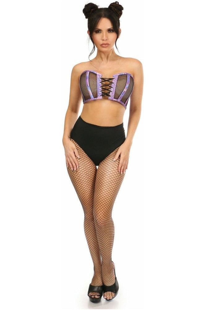 Lavish Purple Holo & Fishnet Lace-Up Short Bustier Top