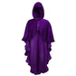 Black velvet hooded cape with ruffle edges. Elegant gothic cloak for costumes or dark fashion.