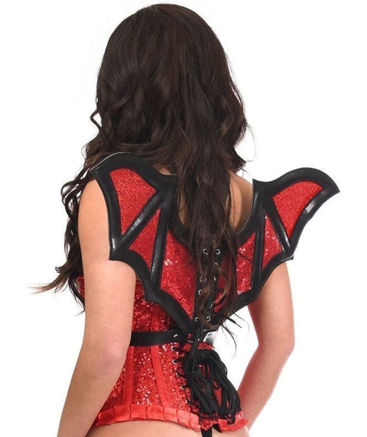 Red Sequin w/Black Faux Leather Bat Wings Body Harness - Daisy Corsets