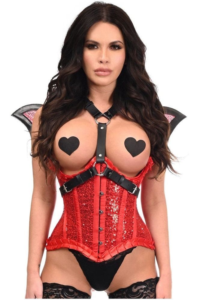 Red Sequin w/Black Faux Leather Bat Wings Body Harness - Daisy Corsets