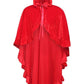 Red velvet hooded cape with ruffle edges. Elegant gothic cloak for costumes or dark fashion.
