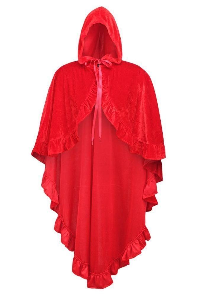 Red velvet hooded cape with ruffle edges. Elegant gothic cloak for costumes or dark fashion.