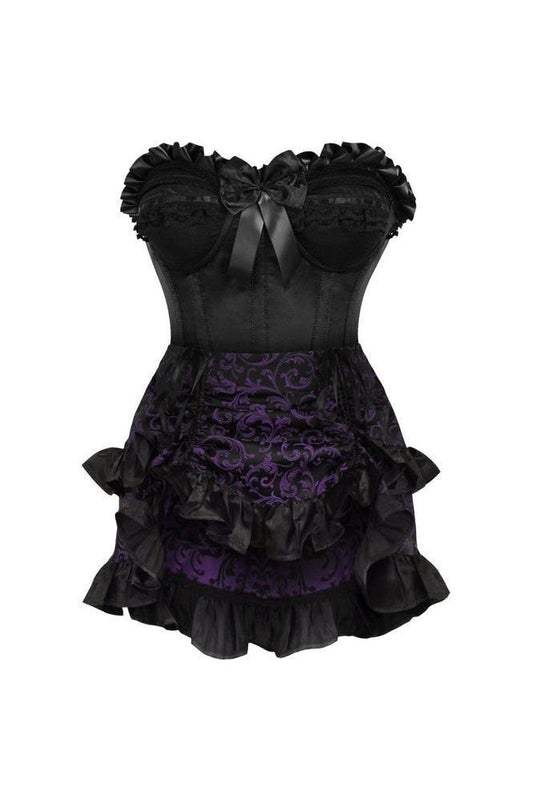 Top Drawer 2 PC Black Satin Steel Boned Burlesque Corset & Purple Brocade Skirt Set - Daisy Corsets