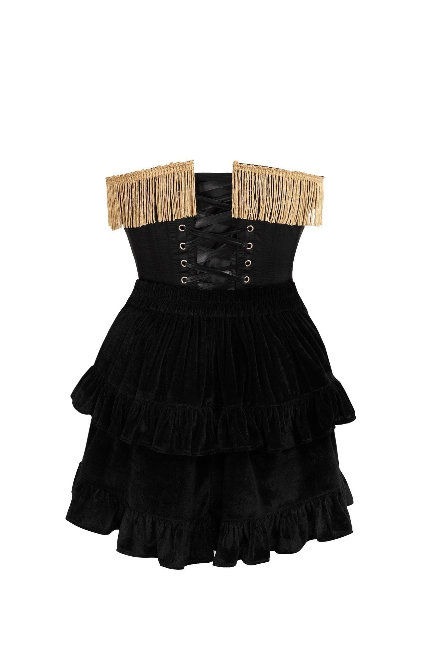 Top Drawer 2 PC Burlesque Black & Dark Red Steel Boned Corset w/Gold Fringe & Skirt Set - Daisy Corsets