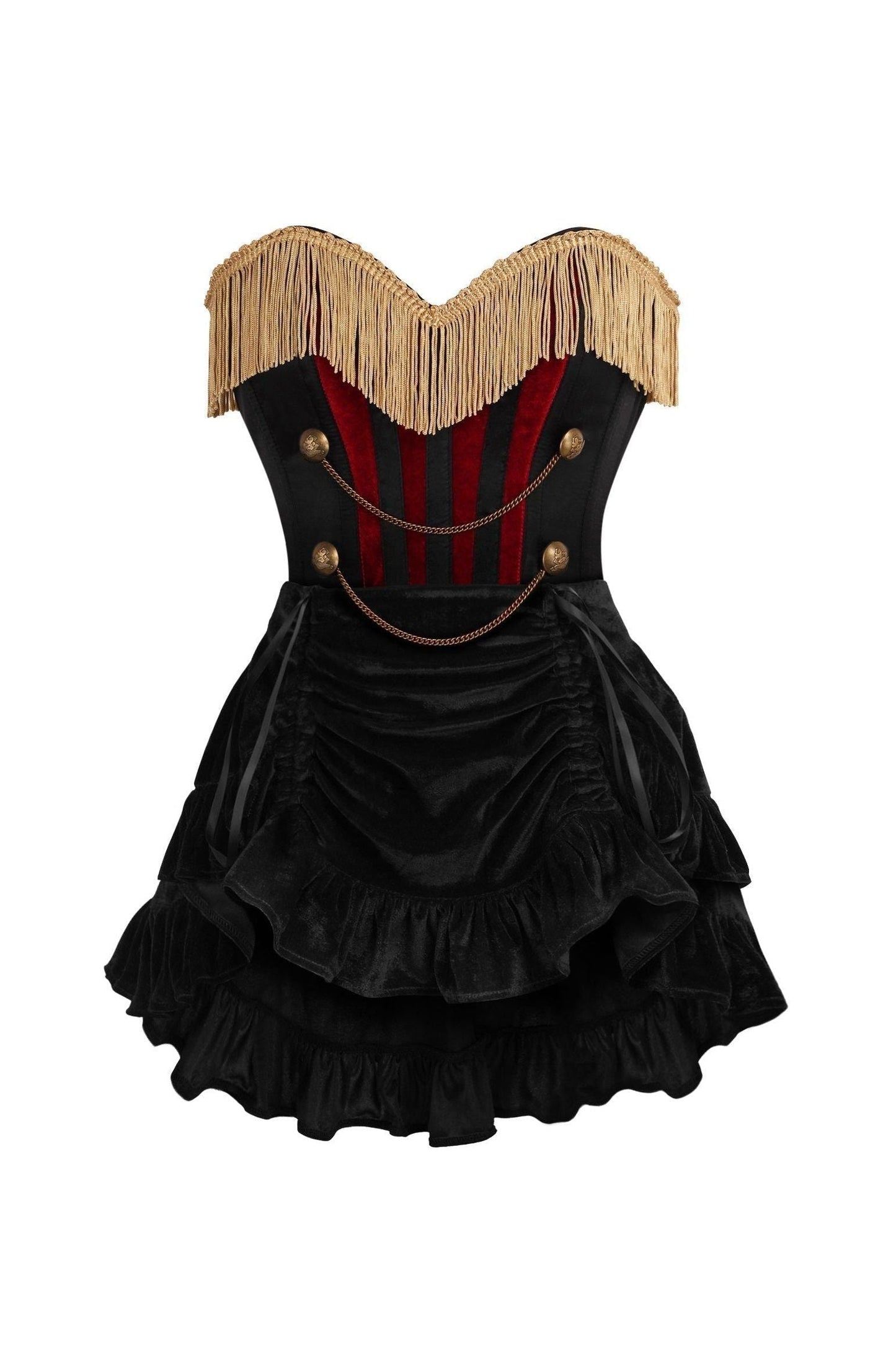 Top Drawer 2 PC Burlesque Black & Dark Red Steel Boned Corset w/Gold Fringe & Skirt Set - Daisy Corsets