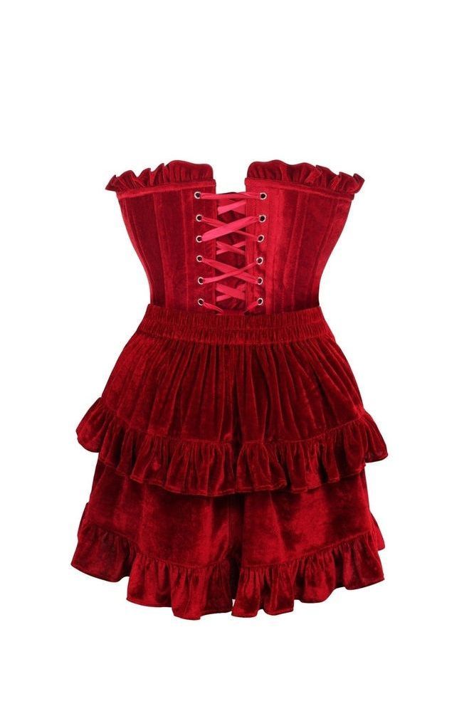 Top Drawer 2 PC Dark Red Velvet Lace - Up Corset & Skirt Set - Daisy Corsets