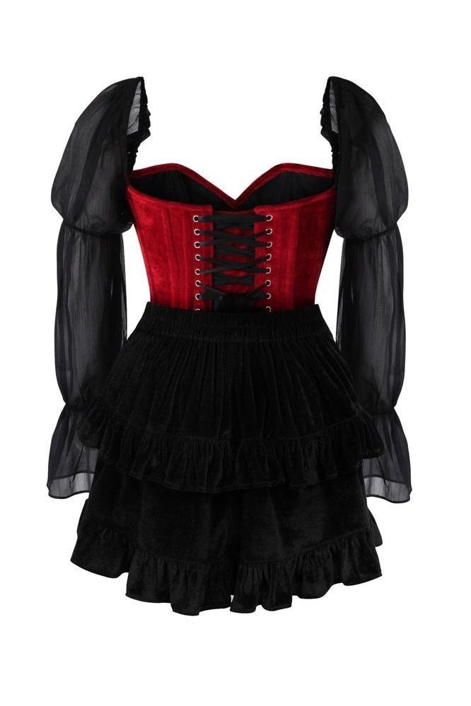 Top Drawer 2 PC Dark Red Velvet Steel Boned Corset w/Sleeves & Skirt Set - Daisy Corsets