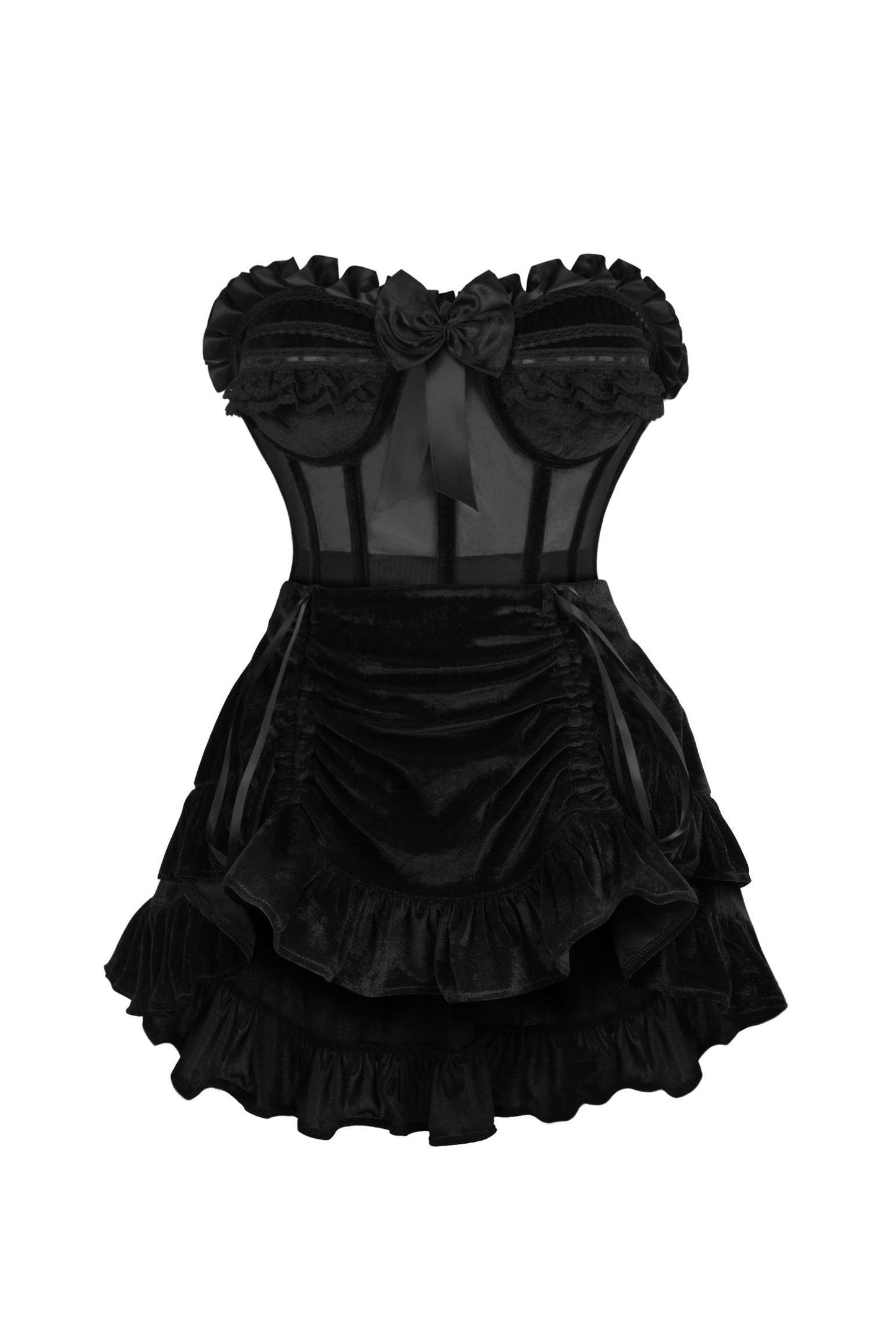 Top Drawer 2 PC Steel Boned Black Mesh & Velvet Underwire Bustier Corset & Skirt Set - Daisy Corsets