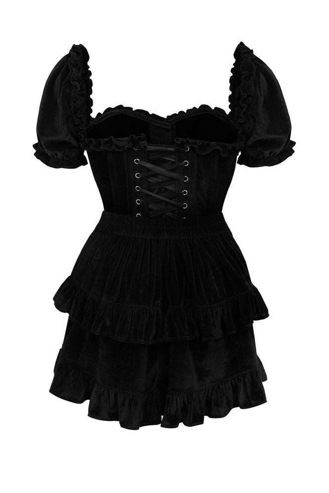 Top Drawer 2 PC Steel Boned Black Velvet Overbust Corset w/Sleeves & Skirt Set - Daisy Corsets