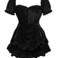Top Drawer 2 PC Steel Boned Black Velvet Overbust Corset w/Sleeves & Skirt Set - Daisy Corsets