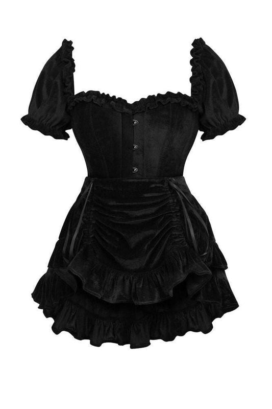 Top Drawer 2 PC Steel Boned Black Velvet Overbust Corset w/Sleeves & Skirt Set - Daisy Corsets
