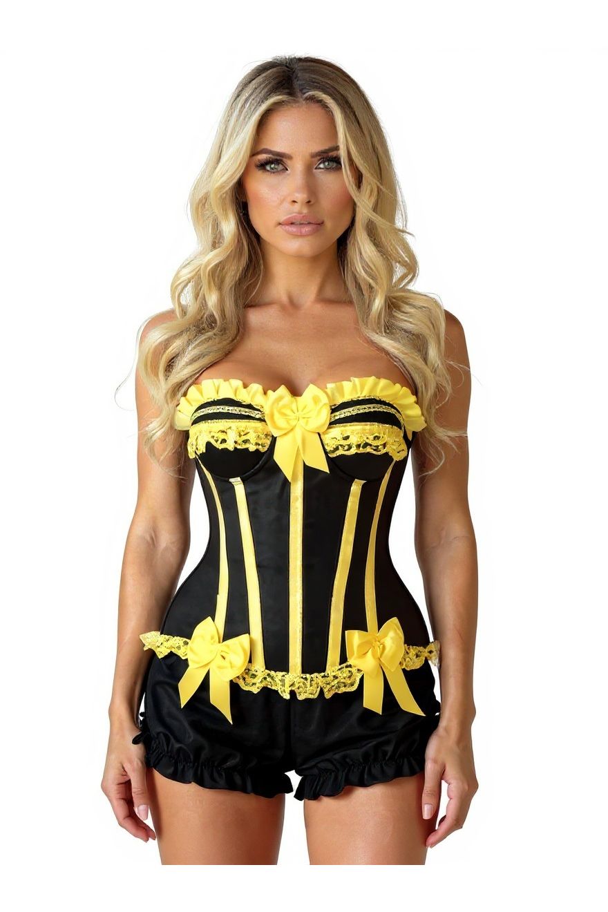 Top Drawer 2 PC Yellow/Black Burlesque Steel Boned Corset & Bloomer Set - Daisy Corsets