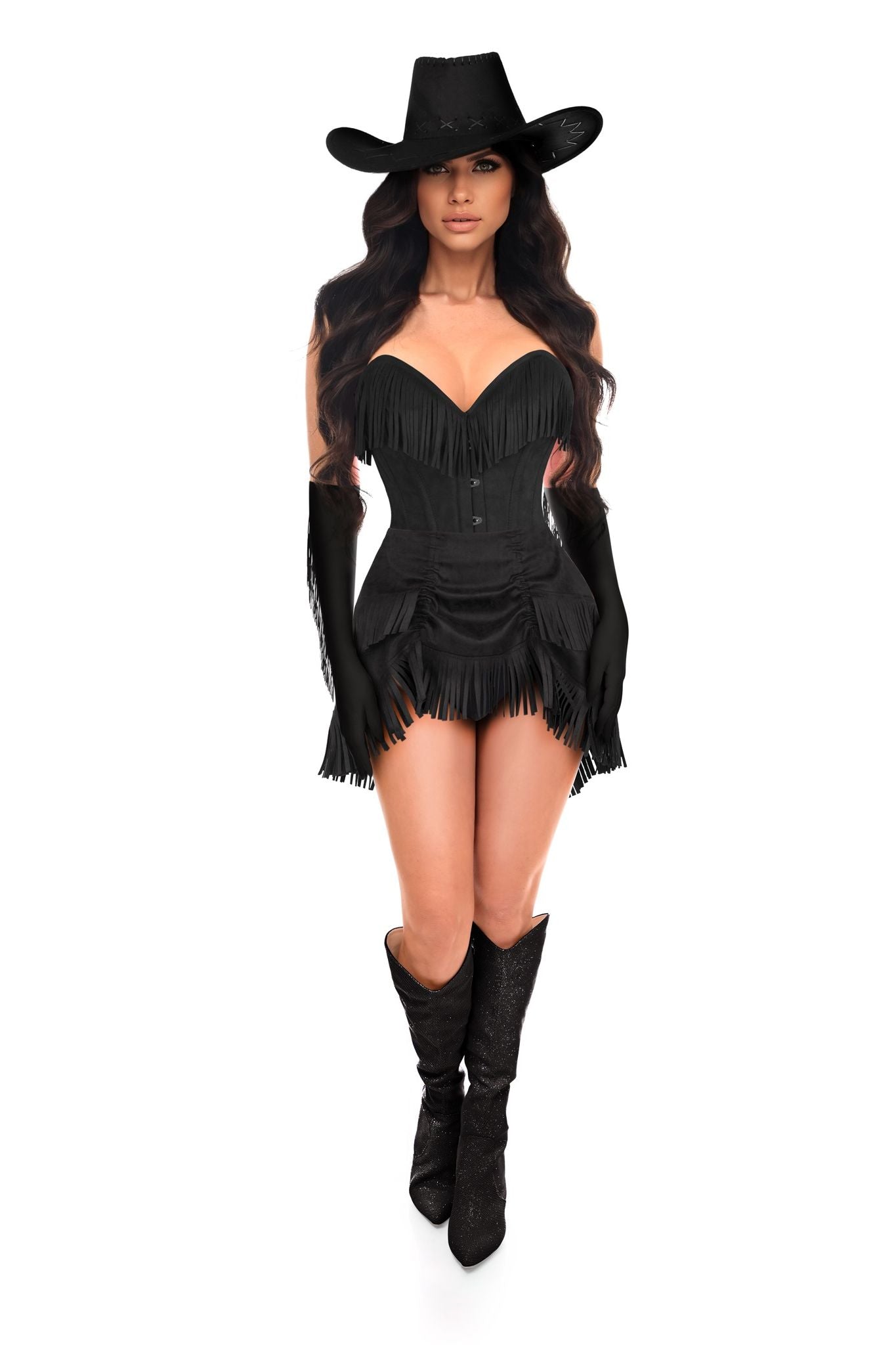 Top Drawer 4 PC Premium Black Suede Fringe Cowgirl Corset Costume - Daisy Corsets