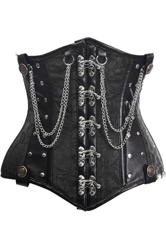 Top Drawer Black Brocade Steel Boned Underbust Corset w/Chains and Clasps - Daisy Corsets
