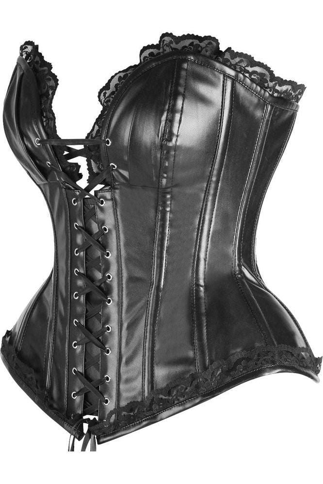 Top Drawer Black Faux Leather & Lace Trim Steel Boned Corset - Daisy Corsets
