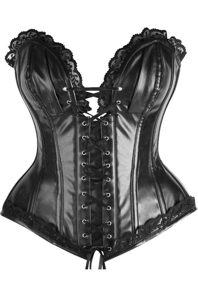 Top Drawer Black Faux Leather & Lace Trim Steel Boned Corset - Daisy Corsets