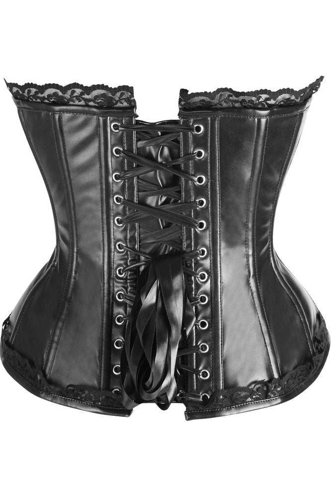 Top Drawer Black Faux Leather & Lace Trim Steel Boned Corset - Daisy Corsets