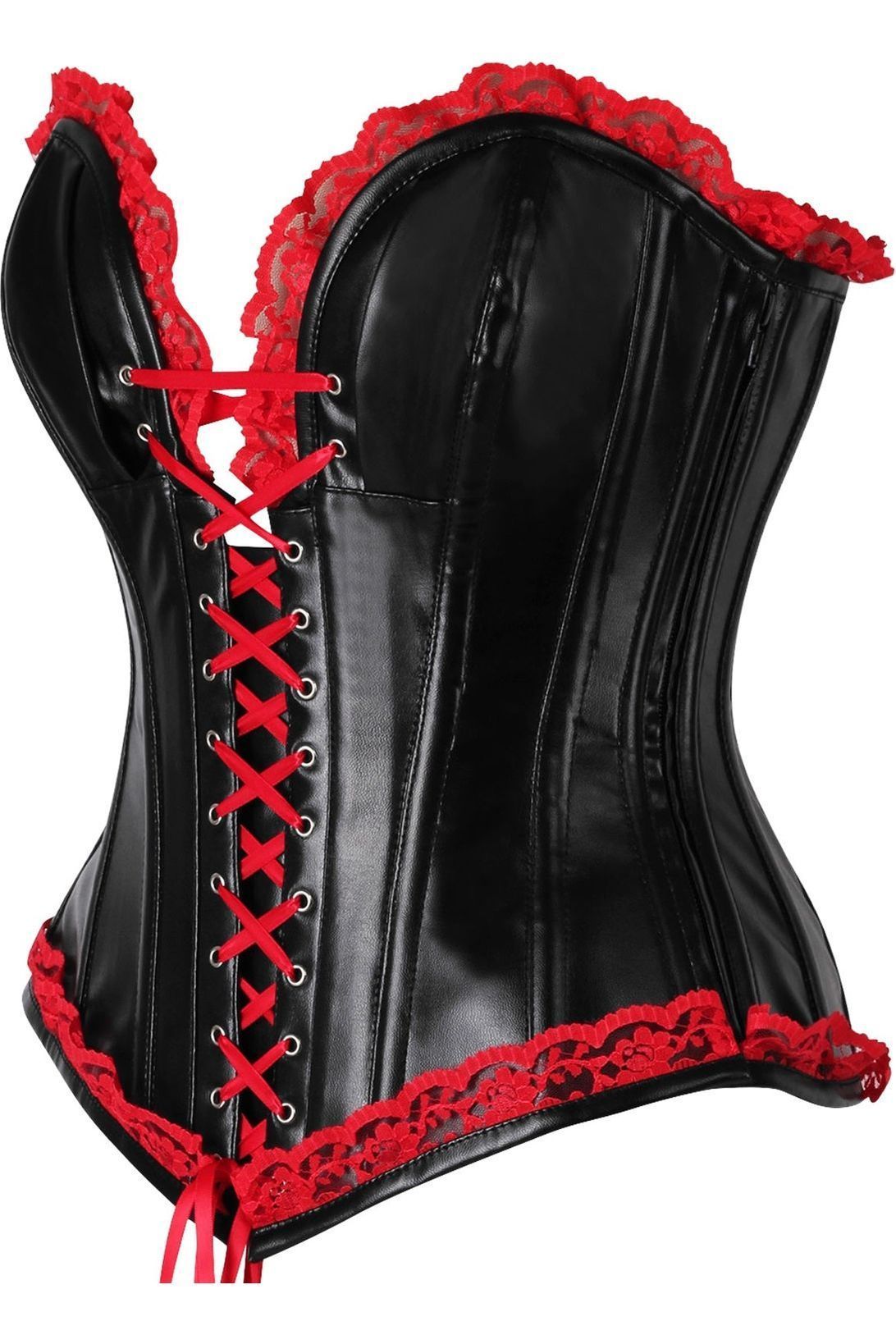 Top Drawer Black Faux Leather & Red Lace Trim Steel Boned Corset - Daisy Corsets