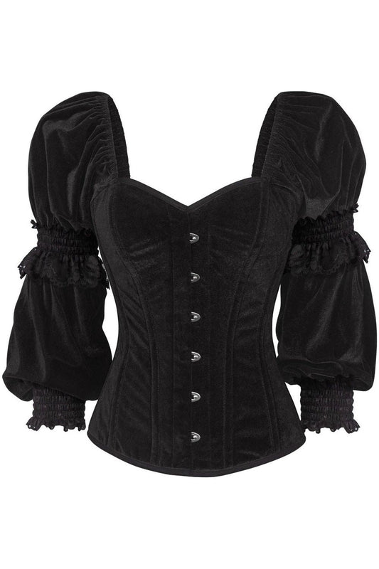 Top Drawer Black Velvet Steel Boned Long Sleeve Corset - Daisy Corsets