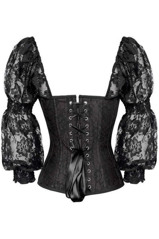 Top Drawer Black w/Black Lace Steel Boned Long Sleeve Corset - Daisy Corsets