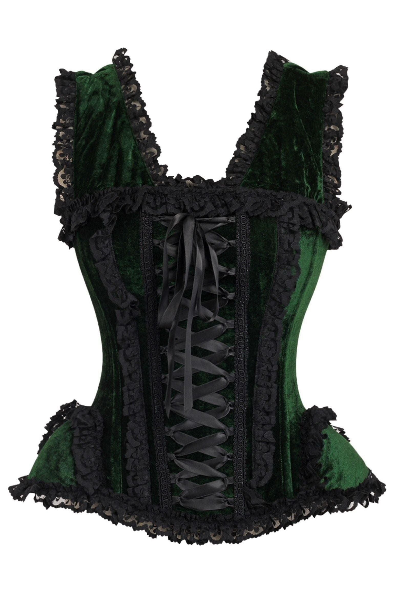 Top Drawer Dark Green Velvet & Lace Steel Boned Corset w/Cap Sleeves - Daisy Corsets