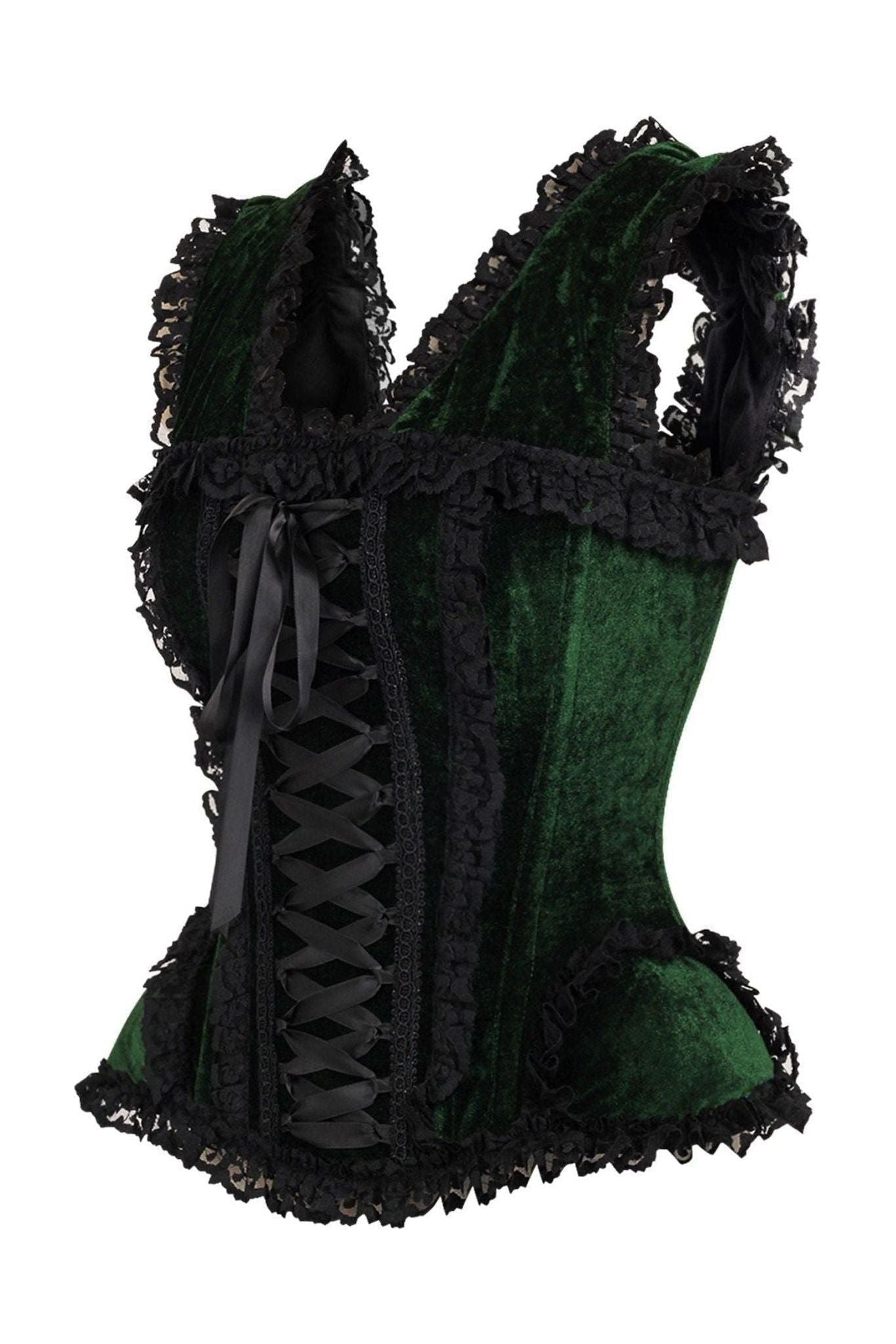 Top Drawer Dark Green Velvet & Lace Steel Boned Corset w/Cap Sleeves - Daisy Corsets