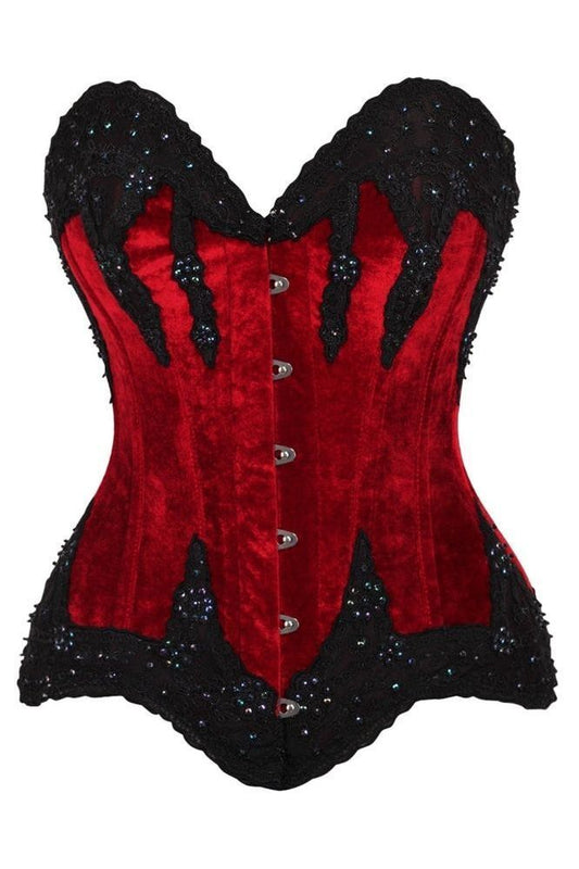 Top Drawer Dark Red Velvet & Beaded Steel Boned Overbust Corset - Daisy Corsets