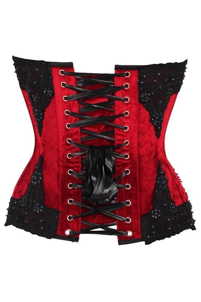 Top Drawer Dark Red Velvet & Beaded Steel Boned Overbust Corset - Daisy Corsets