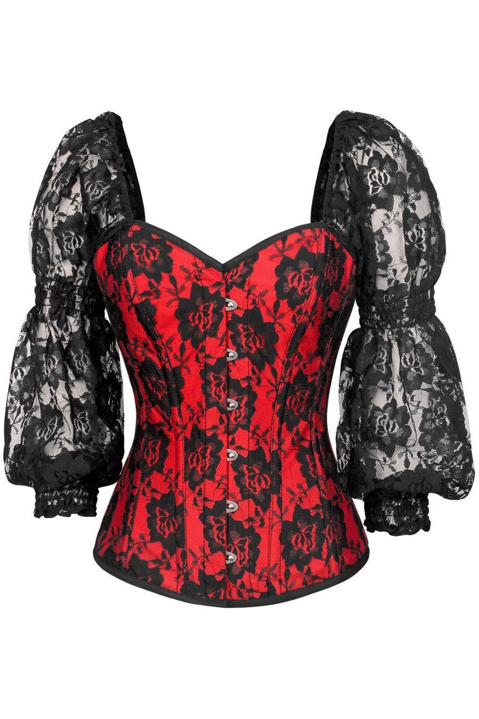 Top Drawer Red w/Black Lace Steel Boned Long Sleeve Corset - Daisy Corsets