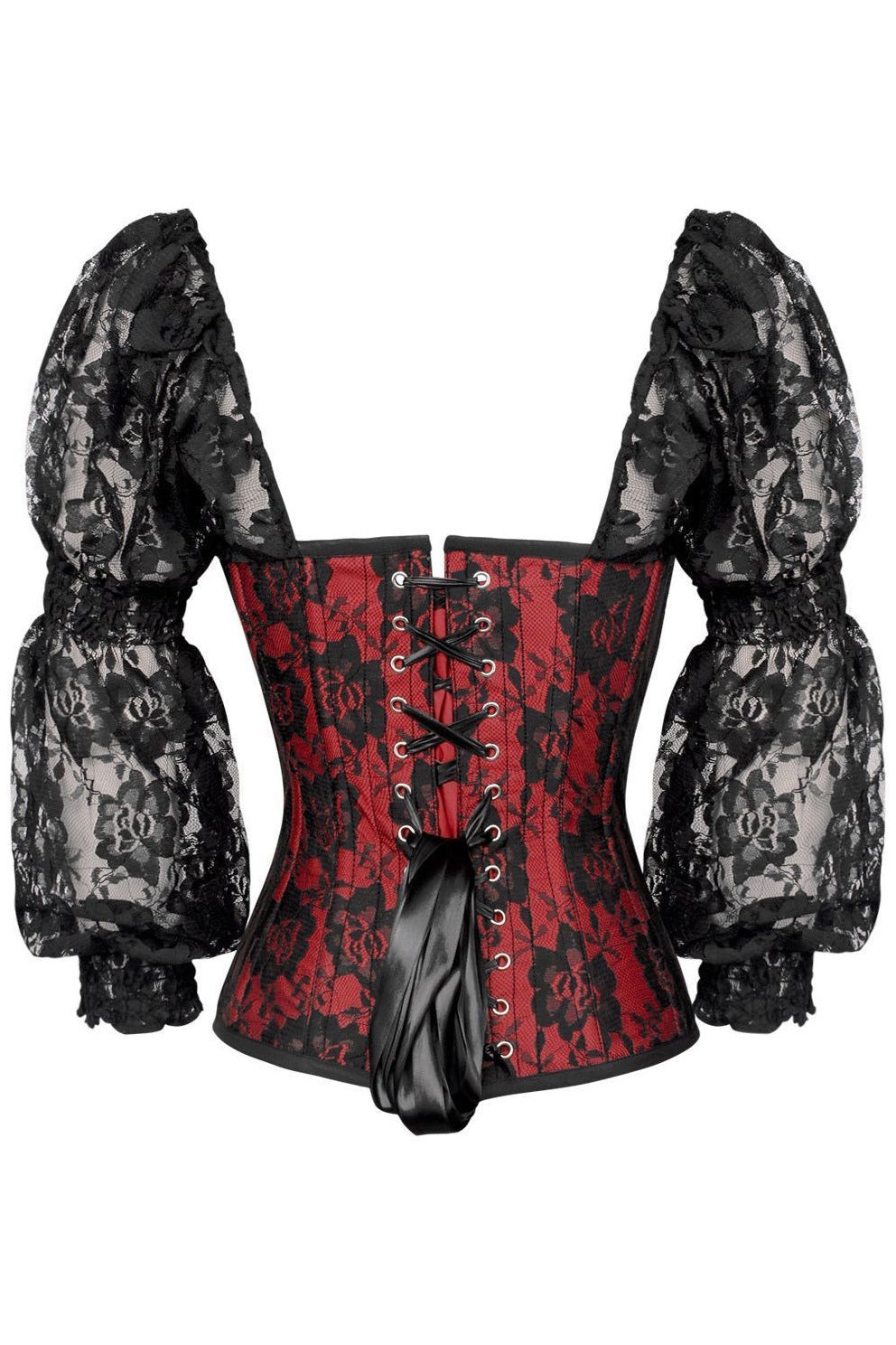Top Drawer Red w/Black Lace Steel Boned Long Sleeve Corset - Daisy Corsets